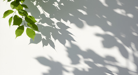 Aesthetic green leaves and their shadows cast on a bright white wall creating peaceful and calming scenery