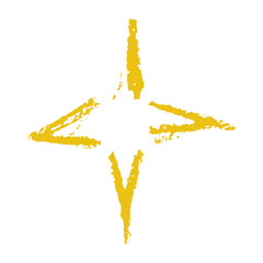 Yellow four pointed star with rough textured edges. Hand drawn crayon style golden element with playful childish look. Perfect for festive cards, kids projects, holiday decoration Vector illustration