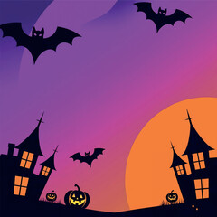 Spooky Halloween Night with Silhouetted Haunted Houses, Bats, and Jack-o'-lanterns under a Full Moon