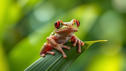 Tree frog perched on tropical leaf, wildlife in natural habitat.