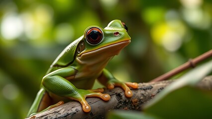 Fototapeta premium Close-up portrait of a vibrant green tree frog in its lush rainforest habitat.