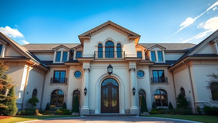 Elegant residence entrance with architectural details under a clear blue sky, exuding luxury.