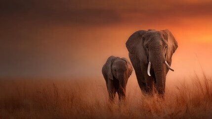 Obraz premium An adult African elephant with its baby elephant on the savannah under the setting sun at sunset.
