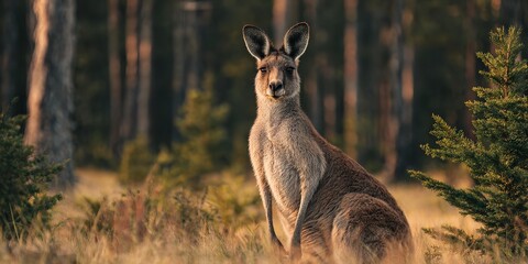 A kangaroo is standing in a field