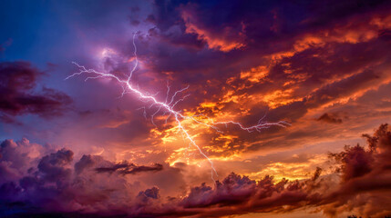 Fototapeta premium Dramatic lightning strikes across a vibrant sunset sky filled with colorful clouds, showcasing the power of nature and the beauty of atmospheric phenomena