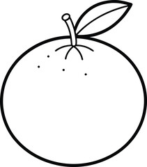 Simple black and white outline illustration of a ripe orange with a leaf and stem