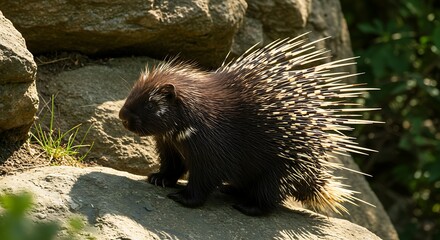 Porcupine on rocky terrain with sunlight and detail side view