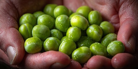 Ripe green peas in the human hands .