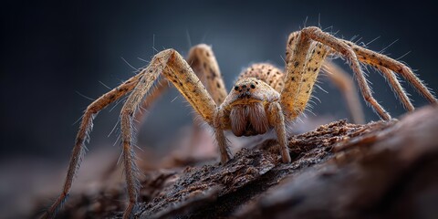 A black spider is on the ground, looking up at the camera