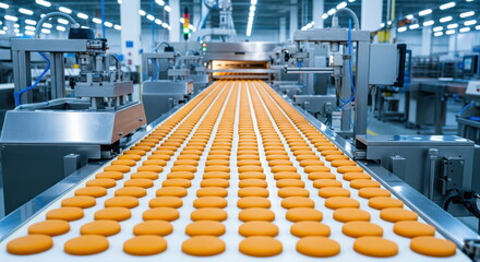 Automated food production line with rows of cookies on conveyor belt in modern factory