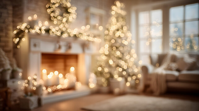 Cozy Christmas scene with warm glowing lights and festive decorations in a home setting
