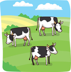 Three cows in a summer meadow. Countryside landscape.