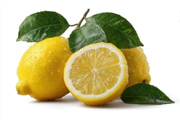Fresh lemons with leaves on a white surface including a cut lemon showing the inside
