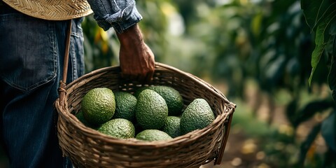 A man is picking avocados
