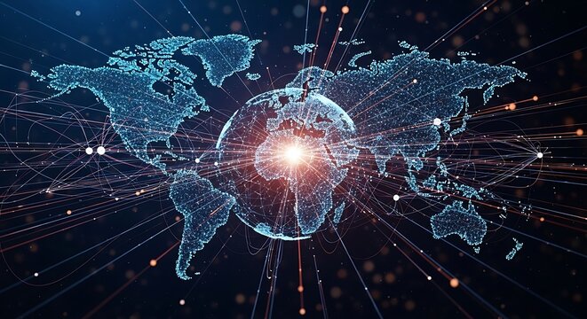 Global connectivity network representation, data flow across continents in a digital world illustration