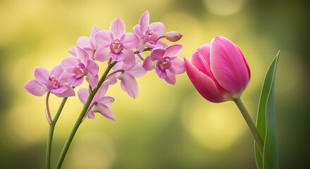 Fototapeta premium Orchid branch and pink tulip bloom against blurred natural background