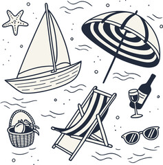A Relaxing Beach Getaway Depicted in a Playful Hand Drawn Style with Classic Vacation Elements and Nautical Touches