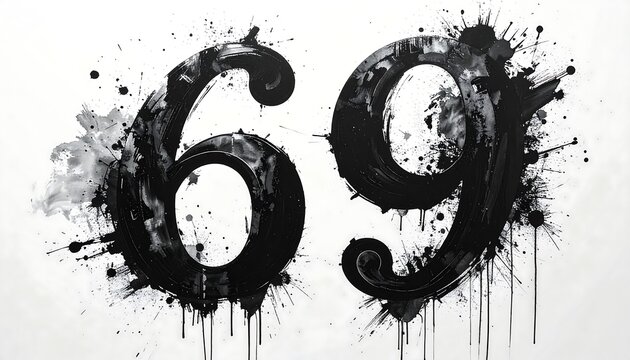 Black numbers 69 on a white background with paint splatter