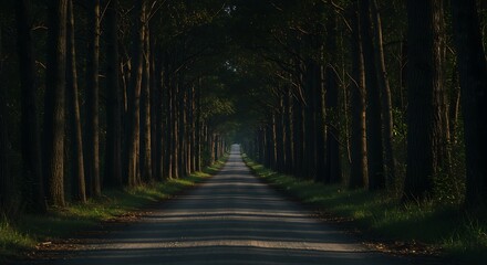 Obraz premium Road through tall trees sunlight filters creating a pathway scene