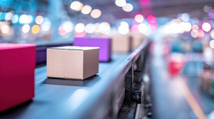 Packages moving on conveyor belt in a busy warehouse at night