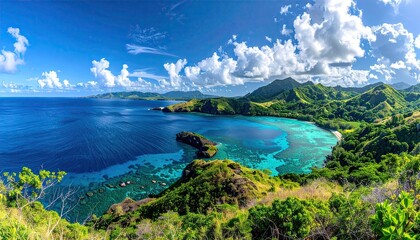 Aerial Vista of Lush Tropical Coastline with Turquoise Waters and Green Vegetation Under Cloudy Blue Sky