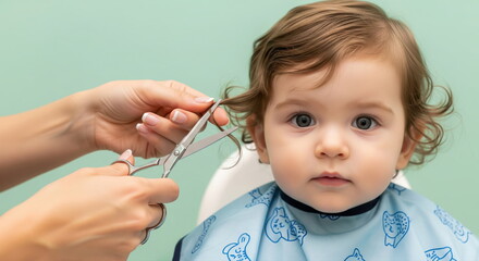 Cute toddler getting a haircut at salon, sitting calmly with cape as stylist trims hair with scissors.