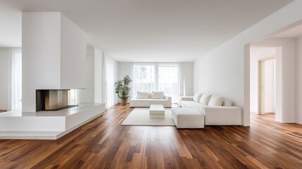 Fototapeta premium residential. Modern living room showcasing minimalist design with clean lines and soft natural light from large windows. lifestyle magazines.