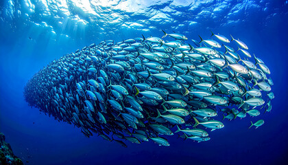 Fototapeta premium Massive School of Fish Swimming in Deep Blue Ocean