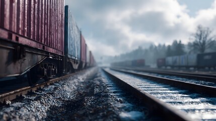 Obraz premium A long cargo train carrying containers on a railway track during a cold misty day