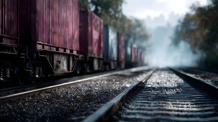 Obraz premium A long cargo train with red containers moves along railway tracks through a hazy landscape