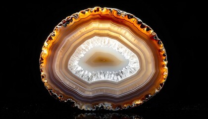 Agate Slice with Concentric Bands in Brown Tan and White Colors on a Black Background