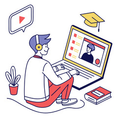Person attending online class on laptop with graduation cap and book near a potted plant image