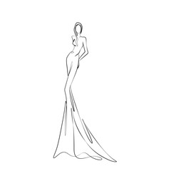 Minimalistic continuous line illustration of a graceful female figure in a flowing gown. Stylish abstract fashion art emphasizing beauty, elegance, and modern design.