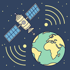 Illustration of a satellite orbiting earth with communication signals in a starry dark blue sky scene