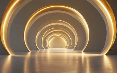 Obraz premium 3D render, abstract background with golden ring arches and a white floor glowing with light in the dark room. 