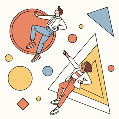 Two stylized people floating amidst geometric shapes in a modern and abstract composition design style