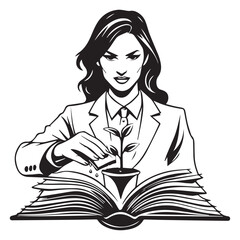 Businesswoman watering a plant growing from a book, growth through knowledge, simple vector style black and white 