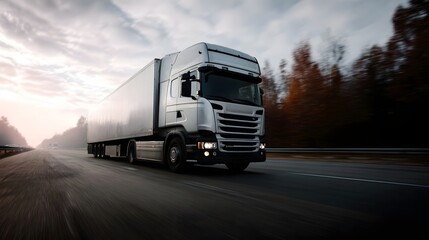 A white semi trailer truck travels at speed down a highway during a hazy sunset