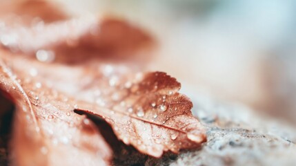 Dew-kissed autumn leaves resting on a stone surface in a serene setting