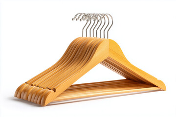Stack of wooden clothes hanger isolated on white background.