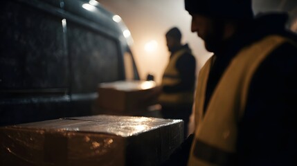 Two workers in reflective vests are actively loading cardboard boxes into the back of a van during a dark foggy and atmospheric night