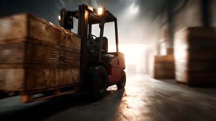 A red forklift carrying wooden crates on a pallet moves through a dimly lit industrial warehouse with motion blur