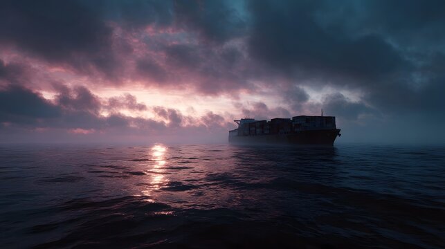 A large container ship sails across the ocean during a dramatic dawn with colorful clouds and a reflection on the water