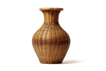 Wicker basket vase handcrafted from natural rattan, isolated on white background.