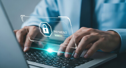 Secure Online Transactions Laptop Displaying a Payment Interface with a Padlock Symbolizing Safety and Protection During Digital Financial Operations in Business