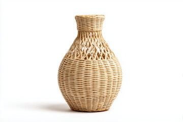 Wicker basket vase handcrafted from natural rattan, isolated on white background.