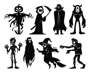Halloween monster silhouettes set of eight spooky characters: scarecrow, grim reaper, Dracula, monster, mummy, ghost, witch, and zombie on white background. Vector cartoon illustration