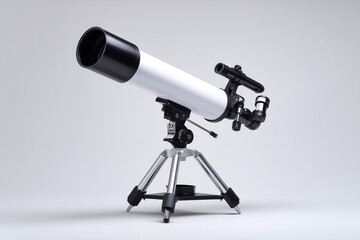 Astronomical telescope on tripod stand, isolated on white background.