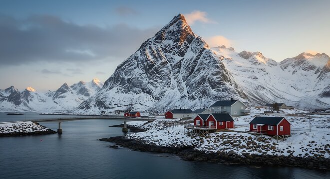Snow covered mountain and red houses by water winter landscape scene