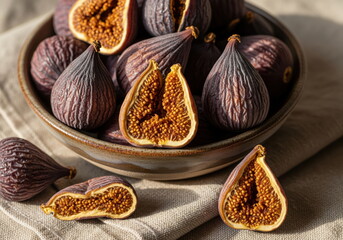 Fresh figs in ceramic bowl with halved fruits showing golden interior, natural healthy food concept.